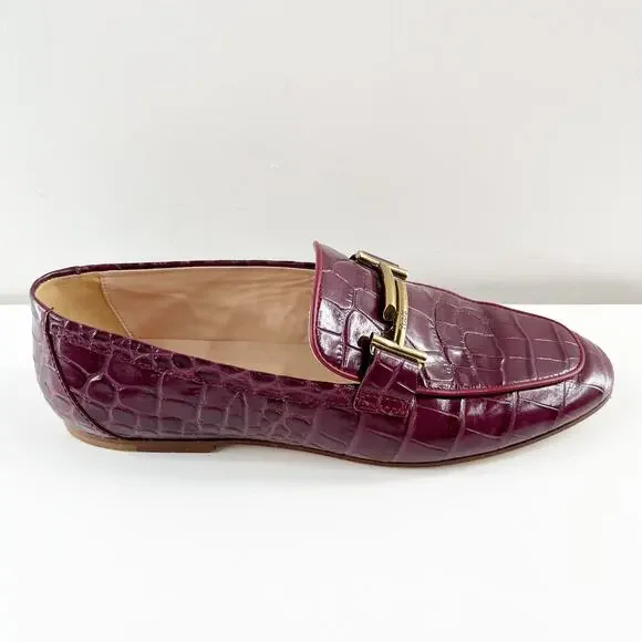 Tod's Kate Croc Embossed Leather Loafer Shoes Rosso Primitivo Maroon Red 38